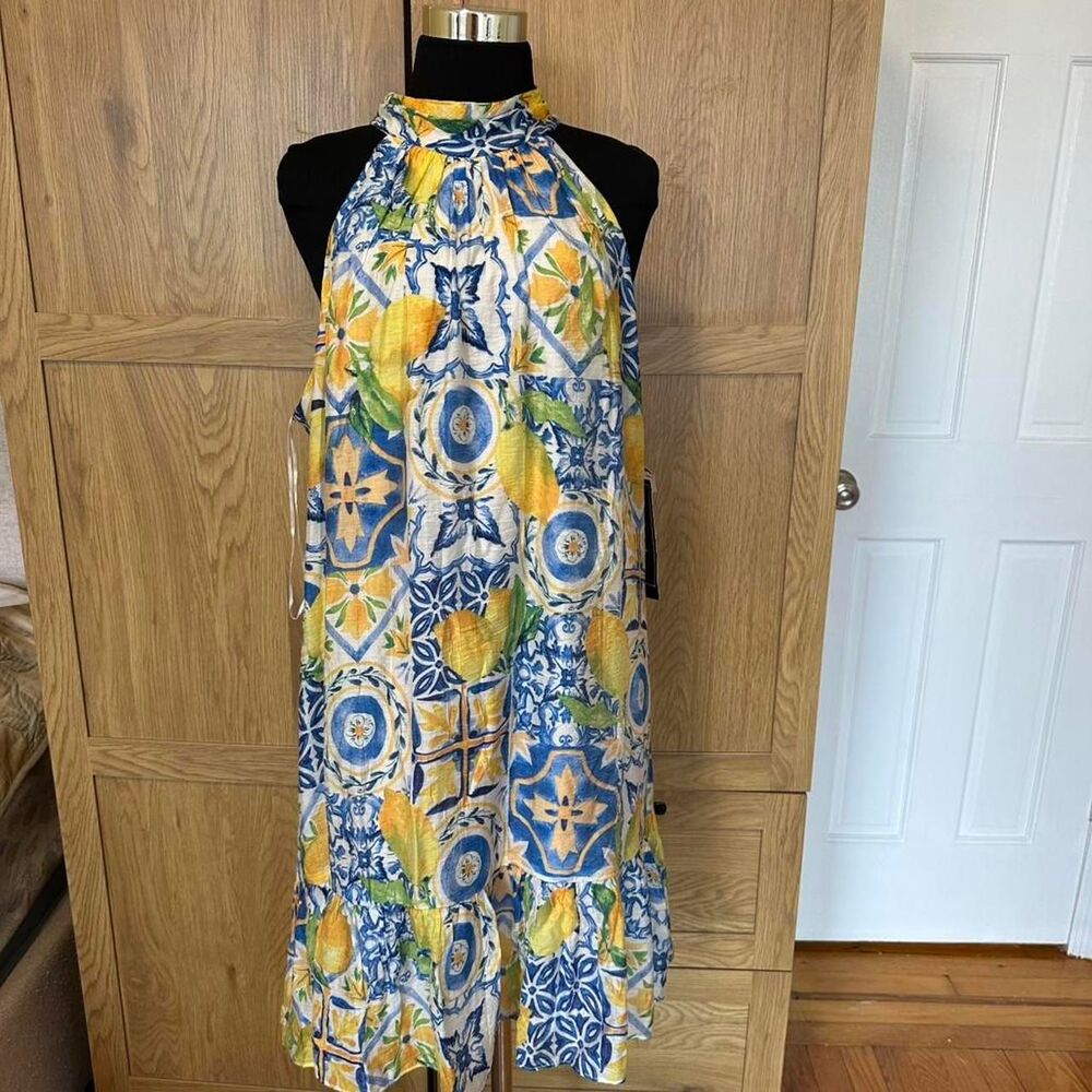 MSK XL Lemon Tile Print Midi Dress Italian Riviera Amalfi Coastal Tie Neck NWT
